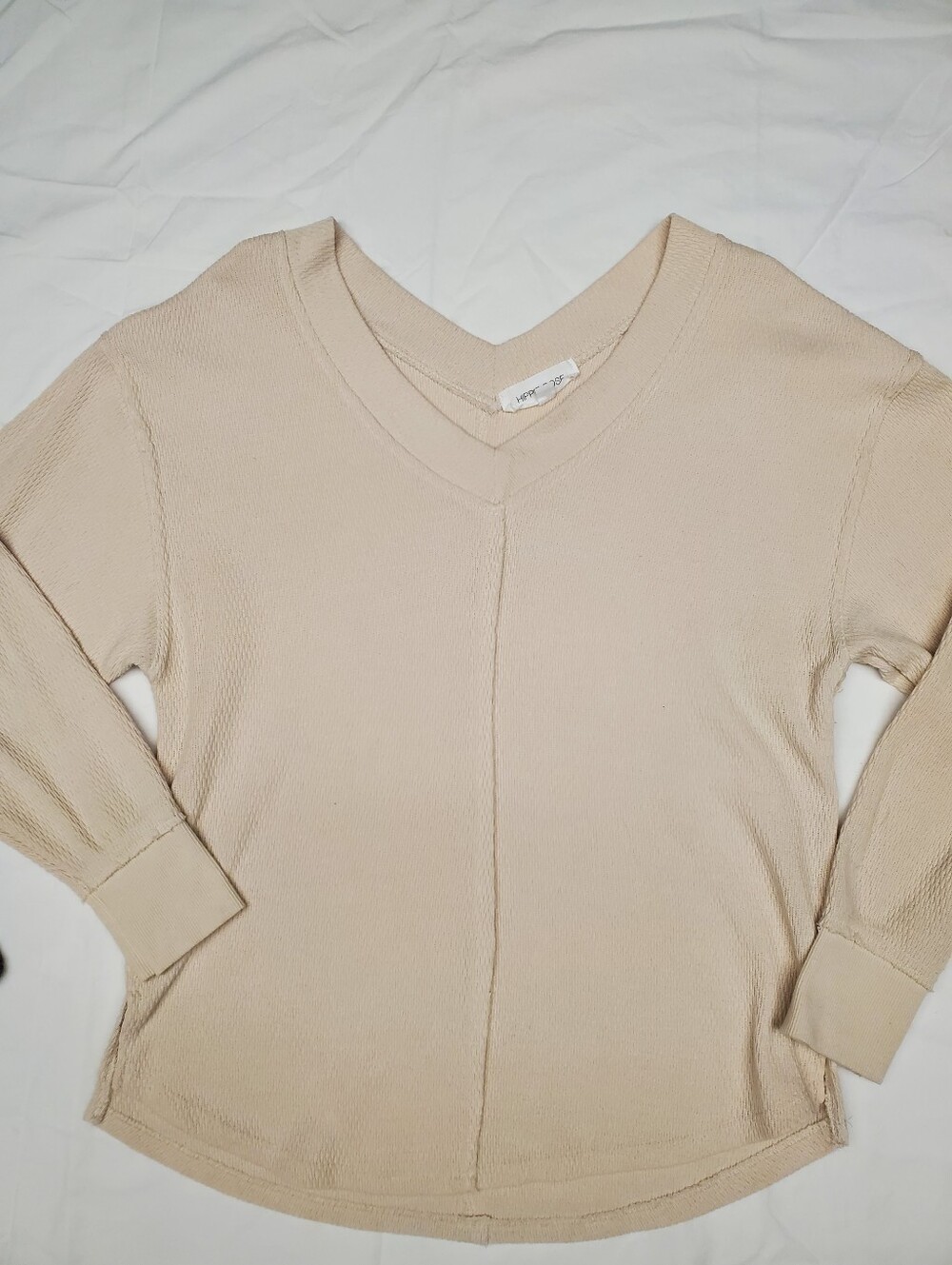 Hippie Rose Waffle Knit V-Neck Top Cream Oatmeal Exposed Seam Long Sleeve S